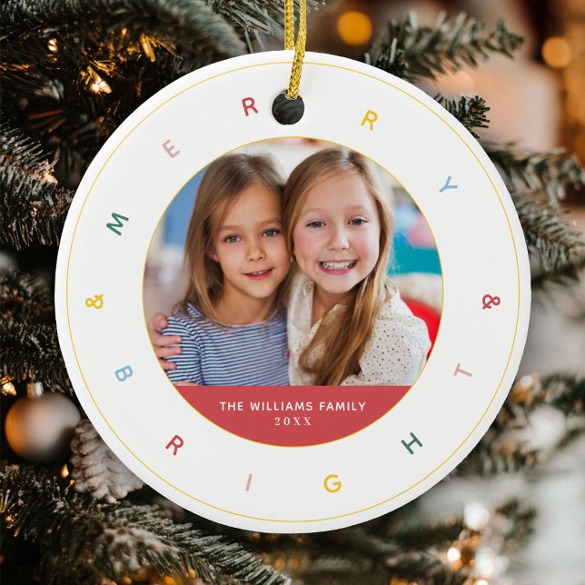 Merry & Bright Modern Rainbow Photo Ceramic Ornament (Creator Uploaded)