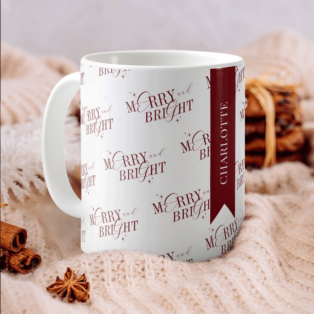 Merry & Bright Modern Red Christmas Gift Coffee Mug (Merry & Bright elegant Christmas coffee / tea mug with space for a custom name)