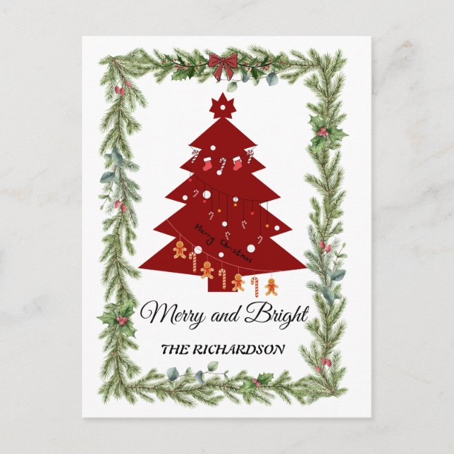 Merry & Bright Modern Red Christmas Tree & Script  Postcard (Front)