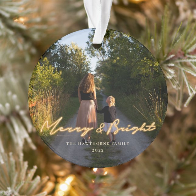 Merry & Bright Neon Lettering Photo Holiday Ornament (Tree)