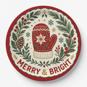 Merry & Bright Nordic Christmas Mitten Folk Art Paper Plate