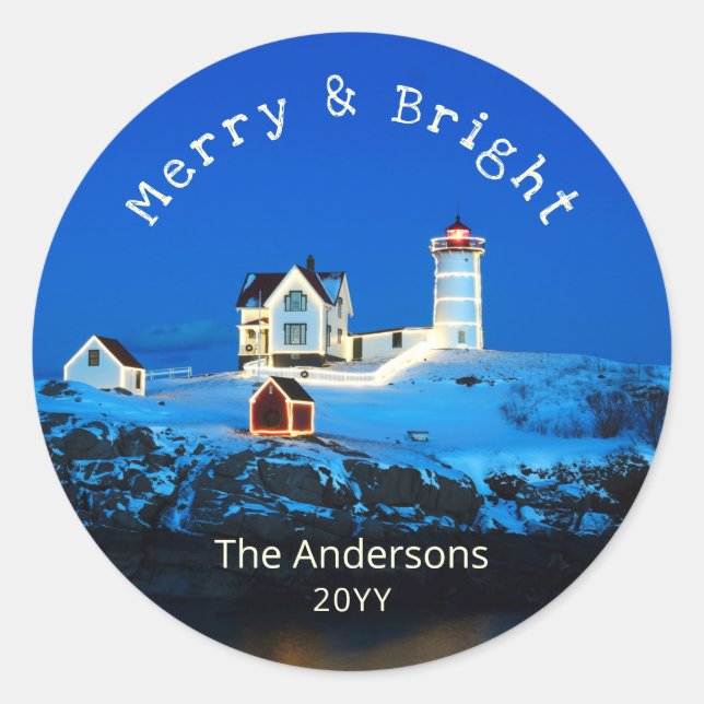 Merry Bright Nubble Christmas Lighthouse Classic Round Sticker (Front)