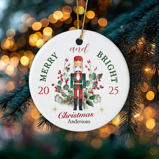 Merry & Bright Nutcracker Solder Holly Berry Ceramic Ornament (Creator Uploaded)