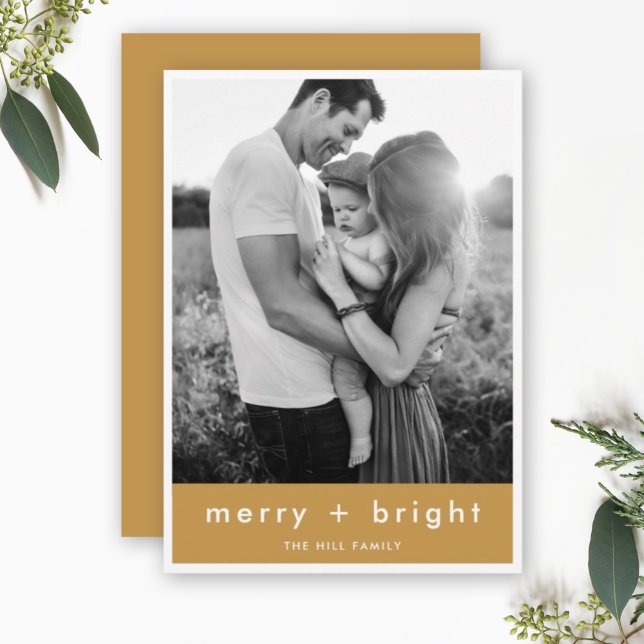 Merry + Bright | Ocher Gold Christmas Photo Holiday Card (Creator Uploaded)