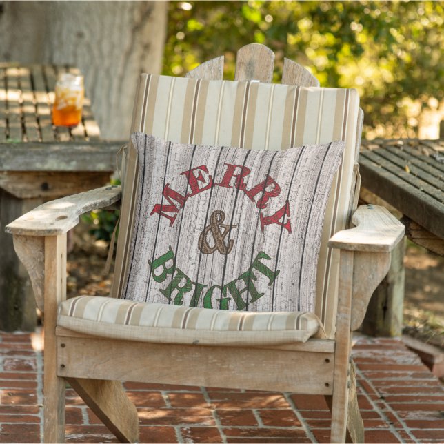 Merry & Bright On Weathered Wooden Planks Pattern Outdoor Pillow (Chair)