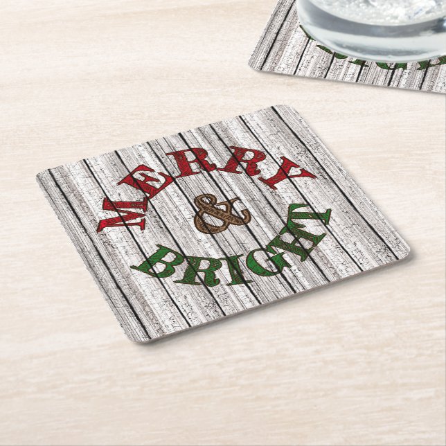 Merry & Bright On Weathered Wooden Planks Pattern Square Paper Coaster (Angled)