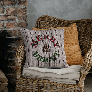 Merry & Bright On Weathered Wooden Planks Pattern Throw Pillow