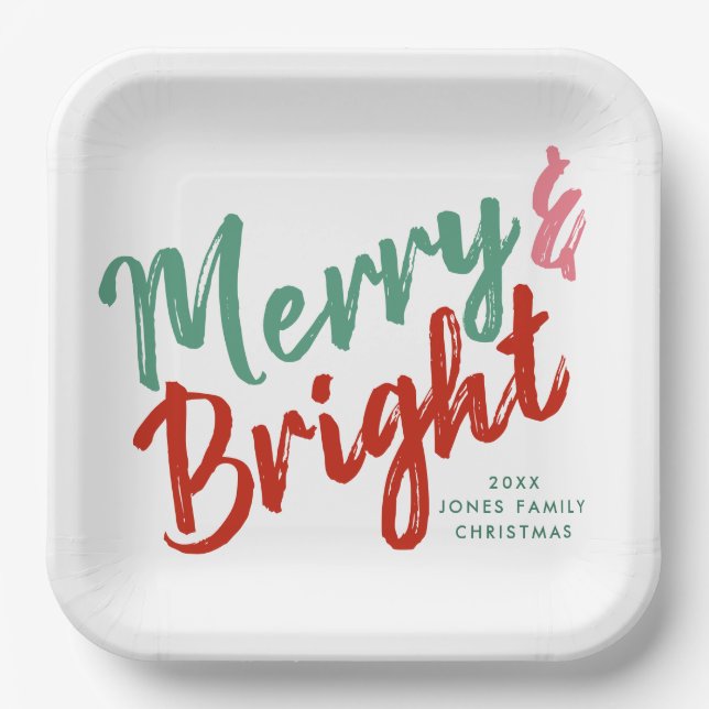 Merry & Bright painted script design Paper Plate (Front)