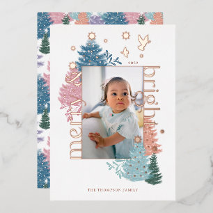 Merry & Bright Pastel Christmas Tree Forest Photo Foil Holiday Card