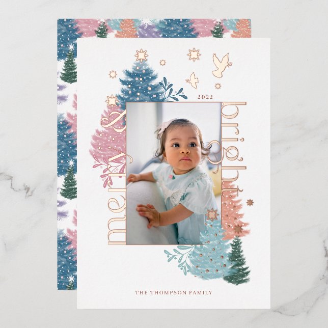 Merry & Bright Pastel Christmas Tree Forest Photo Foil Holiday Card (Front/Back)
