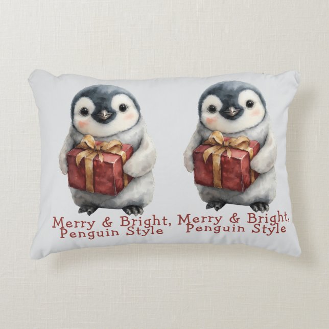 Merry & Bright Penguin Christmas Accent Pillow (Front)
