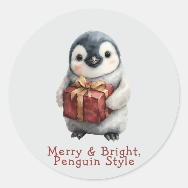 Merry & Bright Penguin Christmas Classic Round Sticker (Front)