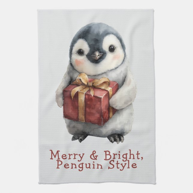 Merry & Bright Penguin Christmas Kitchen Towel (Vertical)