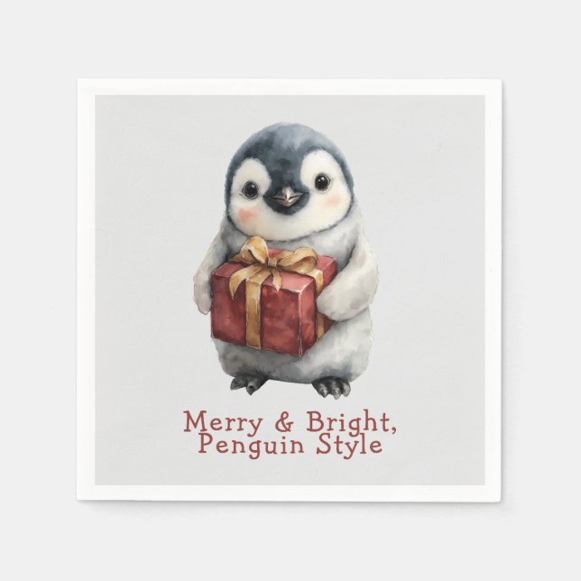 Merry & Bright Penguin Christmas Napkin (Front)