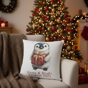 Merry & Bright Penguin Christmas Throw Pillow