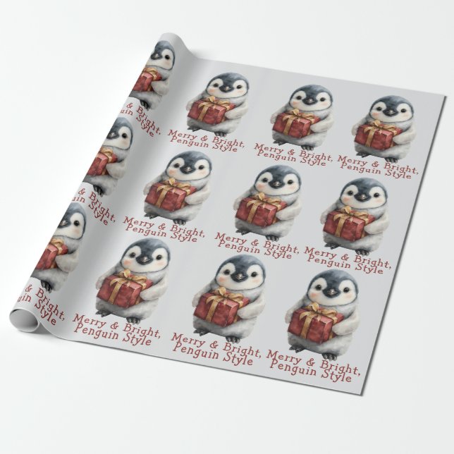 Merry & Bright Penguin Christmas Wrapping Paper (Unrolled)