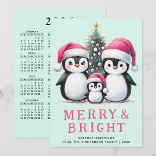 Merry & Bright Penguins Family Pink Mint Christmas Holiday Card