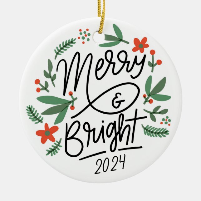 Merry & Bright Personalized Christmas Ceramic Ornament (Front)