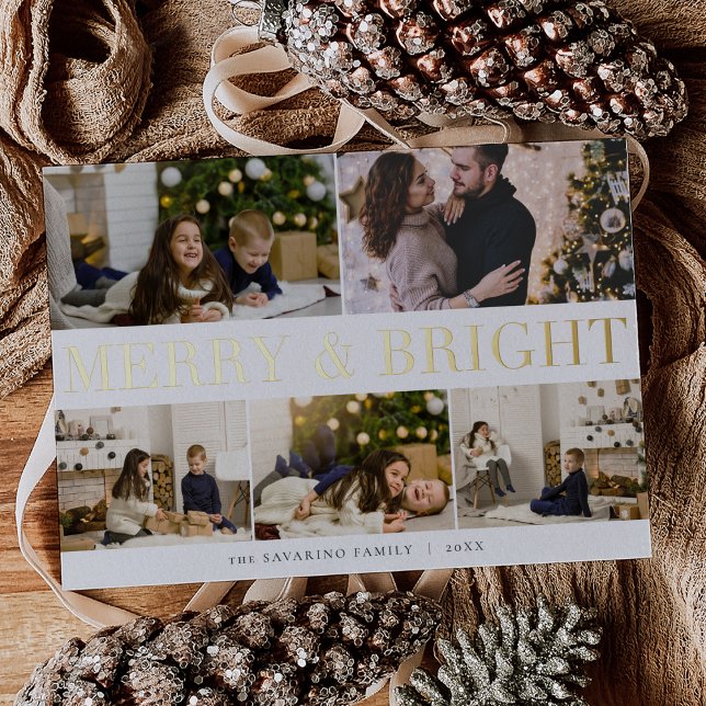 Merry & Bright Photo Collage Foil Holiday Card (Creator Uploaded)