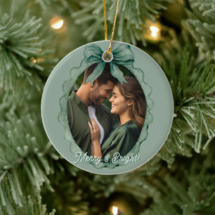 Merry & Bright Photo Holiday Christmas Ceramic Ornament