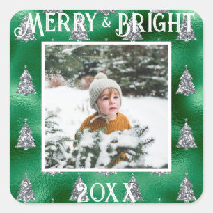 Merry & Bright Photo Metallic Glitter Square Sticker