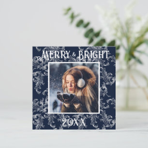 Merry & Bright Photo Navy Blue Vintage Holiday Card