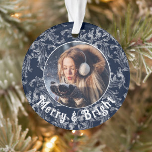 Merry & Bright Photo Personalized Blue Vintage Ornament