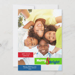 Merry & Bright Photo Red Green Blue Stripe Simple Holiday Card