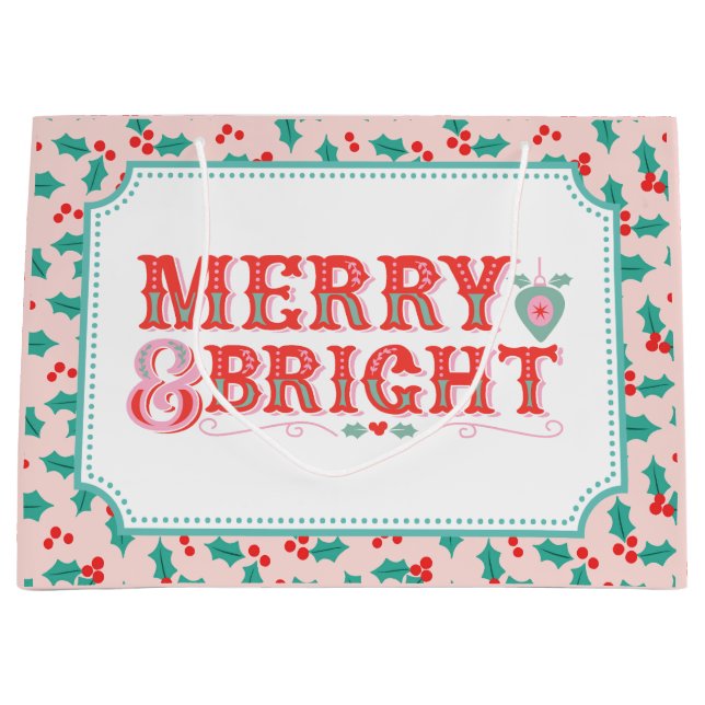 Merry & Bright | Pink and Red Holly Large Gift Bag (Front)