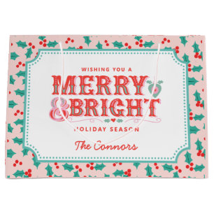 Merry & Bright   Pink and Red Holly   Personalized Large Gift Bag