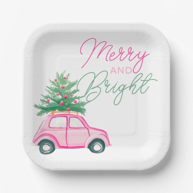 Merry & Bright Pink Christmas Car Christmas Tree Paper Plate (Front)