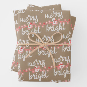 Merry & Bright Pink Christmas Tree Lights Kraft Wrapping Paper Sheet