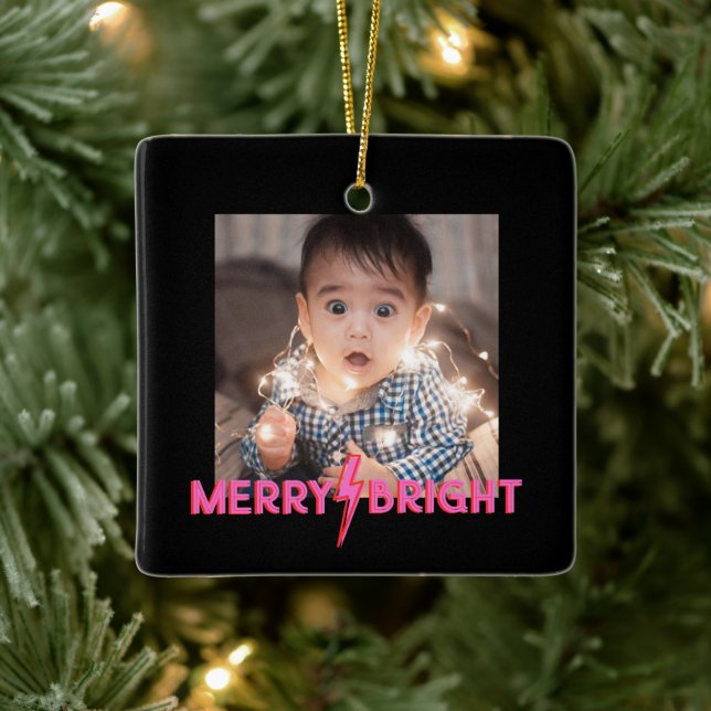 Merry ⚡ Bright Pink Lightning Bolt Christmas Ceramic Ornament (Tree)