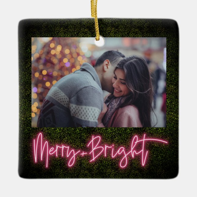 Merry + Bright Pink Neon Boxwood Christmas Photo Ceramic Ornament (Front)