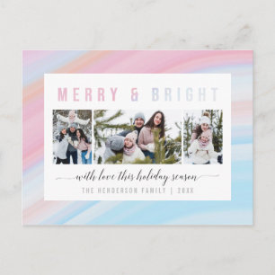 Merry & Bright Pink Pastel Holiday Photo Collage Postcard