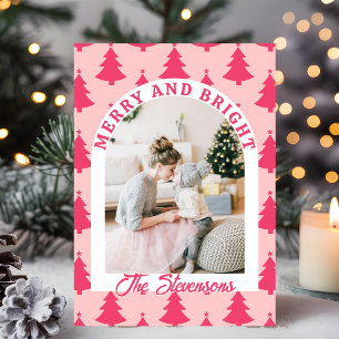 Merry & Bright Pink Retro Arch Photo Christmas  Holiday Card