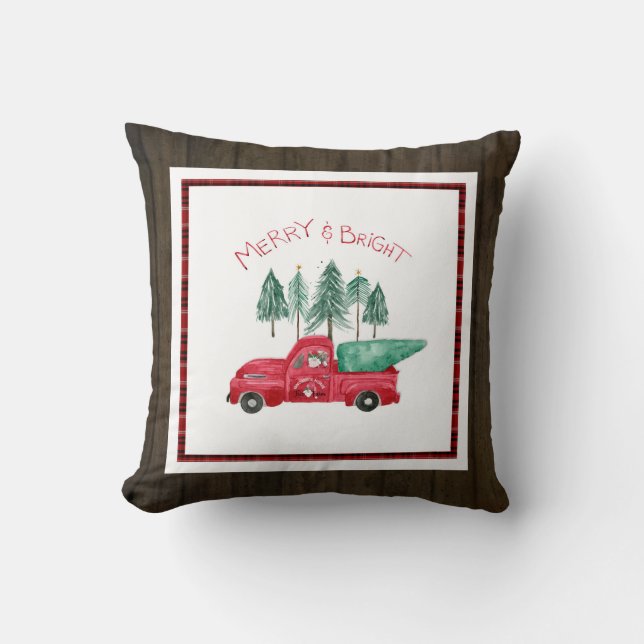 Merry Bright Plaid Gnome Farmhouse Red Truck Wood Throw Pillow (Front)