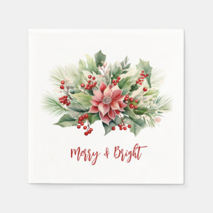 Merry Bright Poinsettia Berries Christmas Holiday Napkin