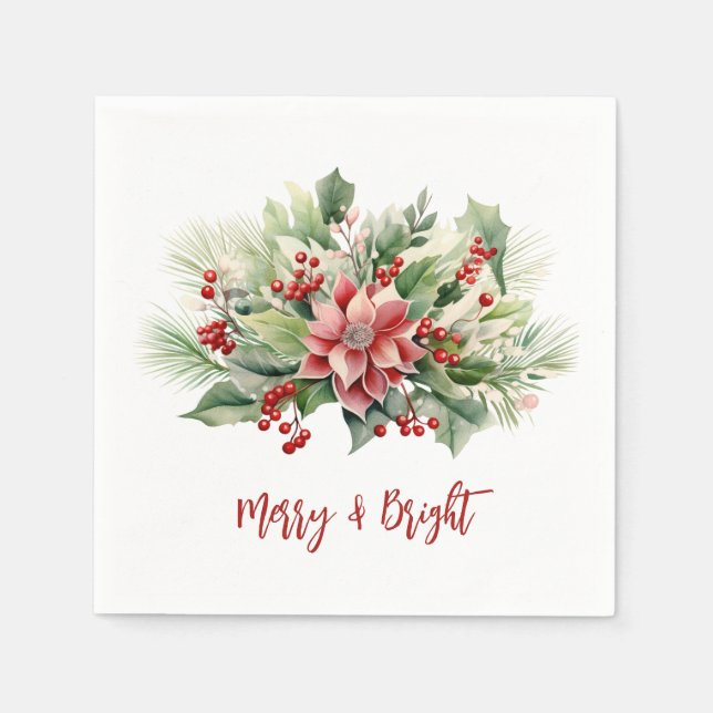 Merry Bright Poinsettia Berries Christmas Holiday Napkin (Front)