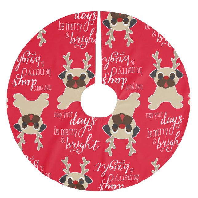 Merry & Bright Pug Reindeer Christmas Tree Skirt (Front)