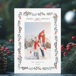 Merry & Bright Red Berry Greenery Christmas Photo Holiday Card