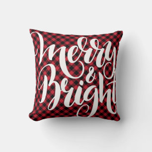 Merry Bright  Red Black Buffalo Plaid Tartan Xmas Throw Pillow