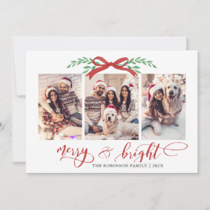 Merry & Bright Red Bow Greenery 3 Photo Christmas Holiday Card