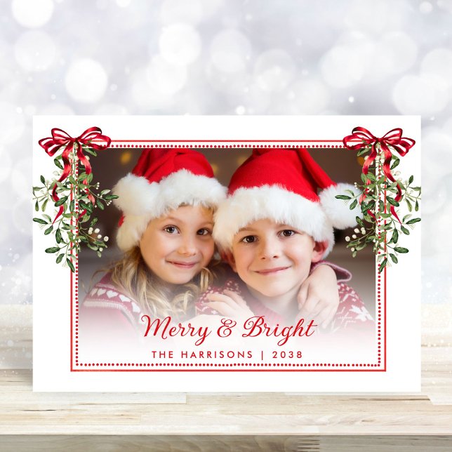 Merry Bright Red Bows Greenery Photo Christmas Holiday Card (Creator Uploaded)