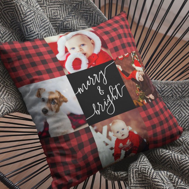 Merry & Bright Red Buffalo Plaid Christmas Photo Throw Pillow (Creator Uploaded)