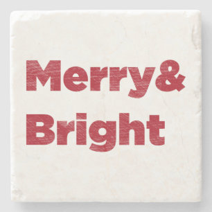 Merry& Bright Red Christmas Text Stone Coaster