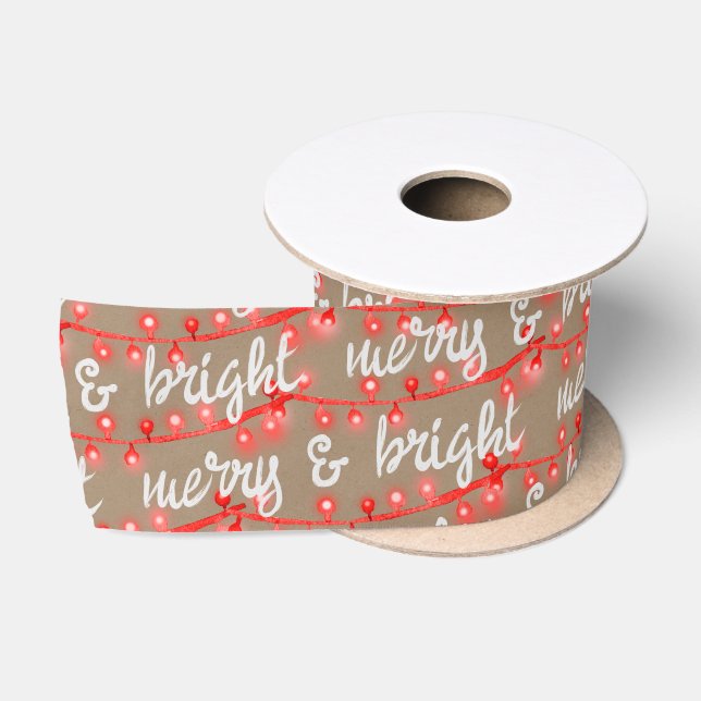 Merry & Bright Red Christmas Tree Lights Kraft Satin Ribbon (Spool)