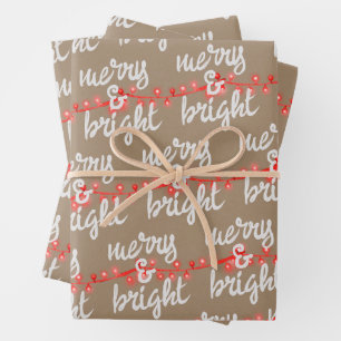 Merry & Bright Red Christmas Tree Lights Kraft Wrapping Paper Sheet