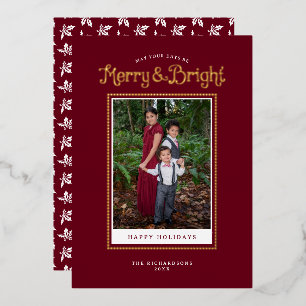 Merry Bright Red Elegant Photo Gold Foil Holiday Card