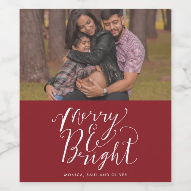 Merry & Bright Red Family Photo Christmas Wine Label (Single Label)